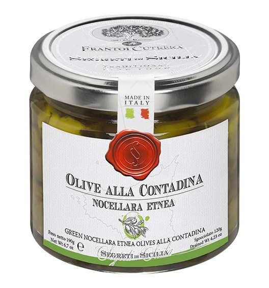 Grüne «Nocellara Etnea» Oliven gewürzt